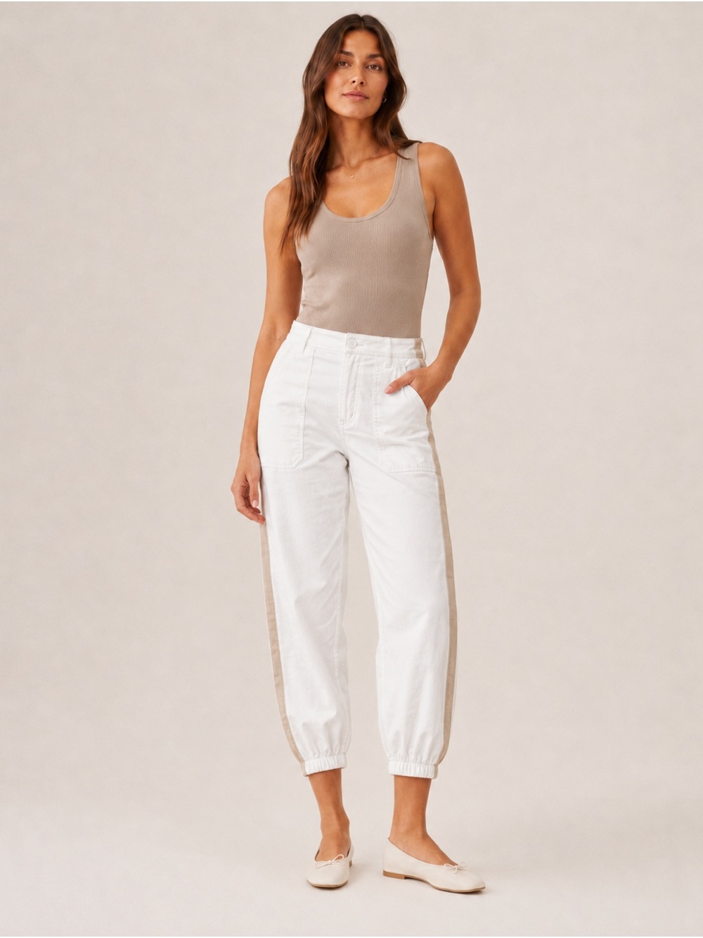 Anthropologie White Cargo Capris with Tan Side Stripe $118